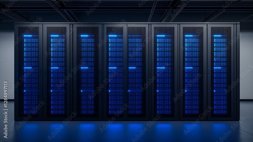 A modern data center featuring rows of high-performance server racks illuminated in blue. This advanced technological setup showcases the backbone of digital infrastructure. A modern data center featuring rows of high-performance server racks illuminated in blue. This advanced technological setup showcases the backbone of digital infrastructure.