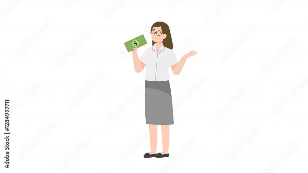 Woman standing holding dollar bills cartoon animation Woman standing holding dollar bills cartoon animation