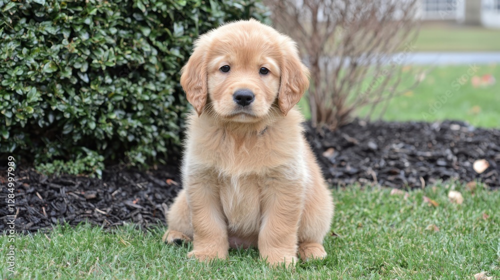 Cute Golden Retriever Puppy Sitting on Grass in Garden Setting Cute Golden Retriever Puppy Sitting on Grass in Garden Setting