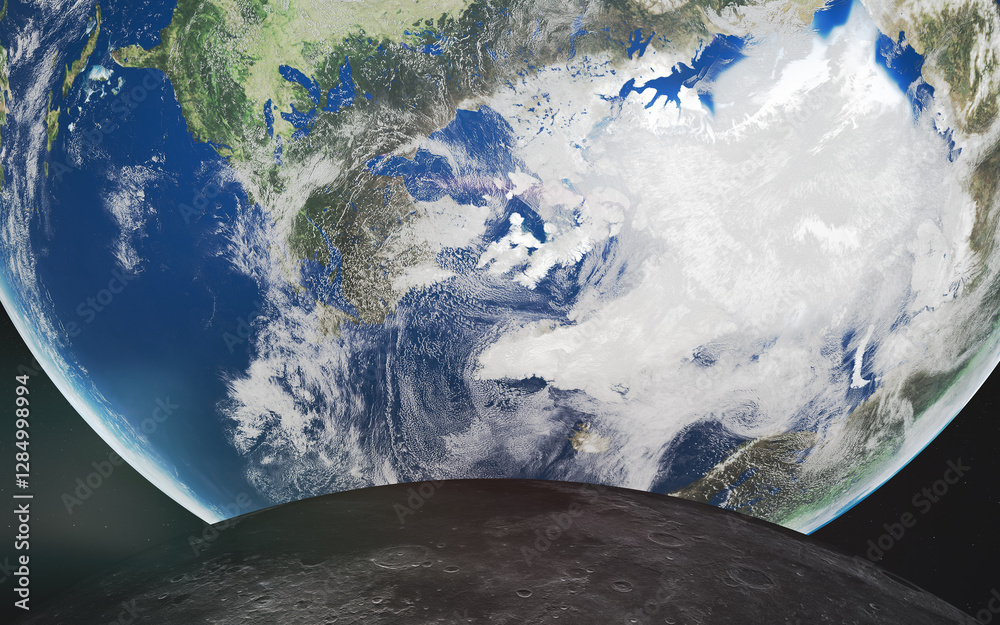 A dramatic view of planet Earth from beyond the horizon of the Moon, Elements of this 3D rendered illustration where furnished by NASA.
