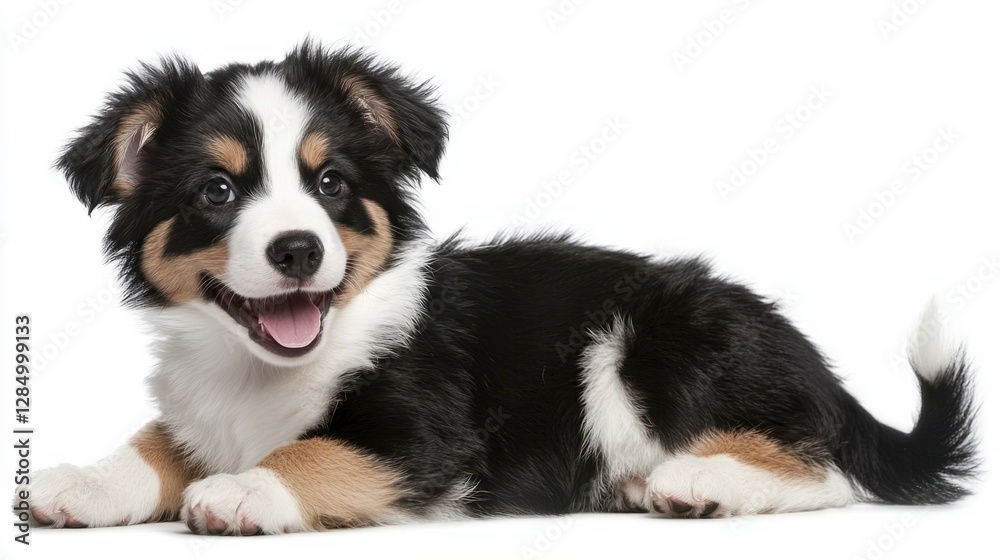 Obraz premium Playful puppy with black, white and brown fur lying on white background