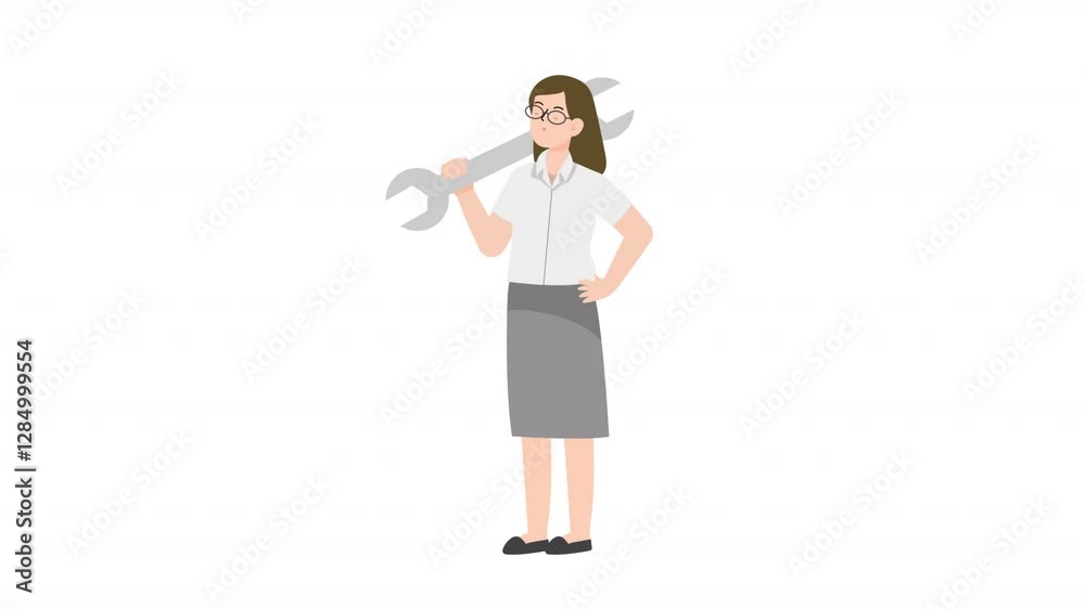 Woman standing holding a wrench cartoon animation Woman standing holding a wrench cartoon animation