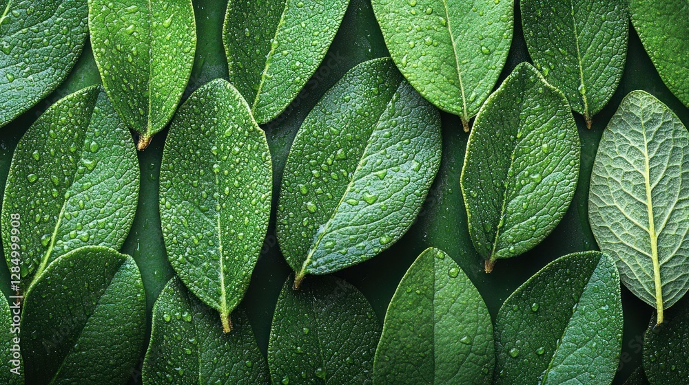 Fototapeta premium Dewy green leaves arranged on dark background