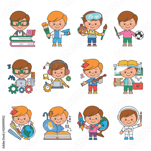 2d vector illustration technology , ai robot helping children at study pc and tablet , children background land escape 
