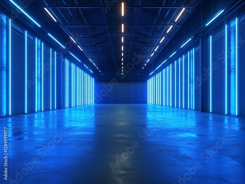 Industrial Corridor with Blue Neon Lighting and Concrete Floor