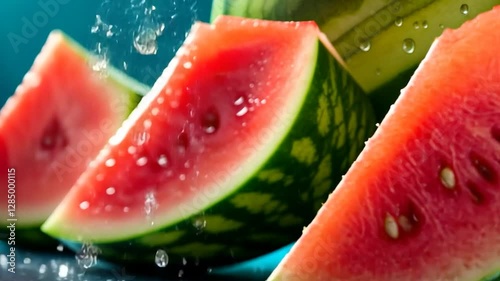 Fresh Watermelon Slices with Water Splash on Teal Background photo