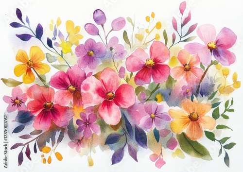 Vibrant Watercolor Flowers and Greenery Hand-Painted Arrangement in Pink Purple Yellow Colorful Floral Design
