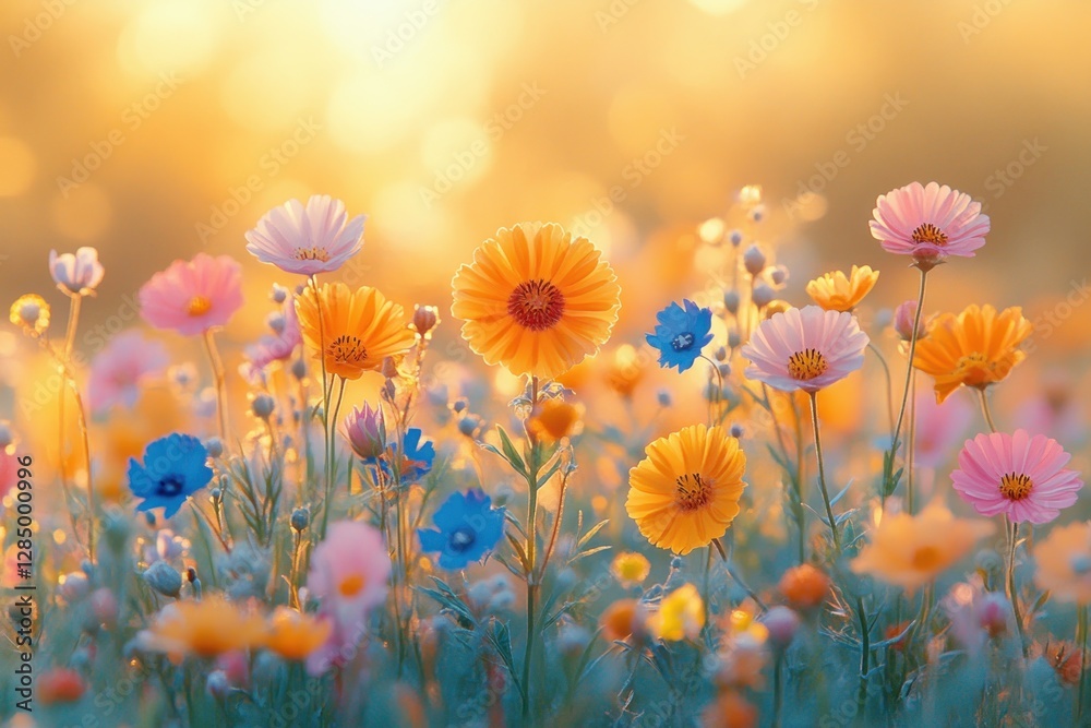 Vibrant Wildflower Meadow in Summer with Colorful Flowers and Soft Sunlight Vibrant Wildflower Meadow in Summer with Colorful Flowers and Soft Sunlight