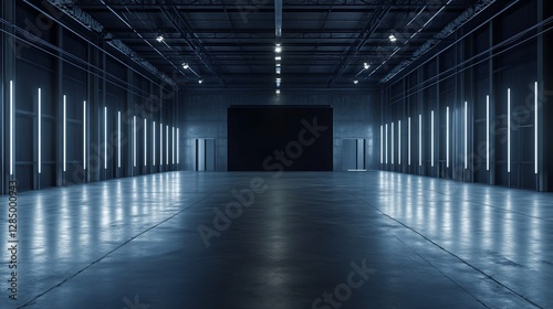 Industrial Interior with Fluorescent Lighting and Blank Wall
