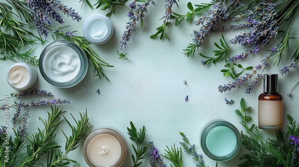 Tranquil Skincare Aromatherapy with Lavender and Greenery in Minimalist Flat Lay Tranquil Skincare Aromatherapy with Lavender and Greenery in Minimalist Flat Lay