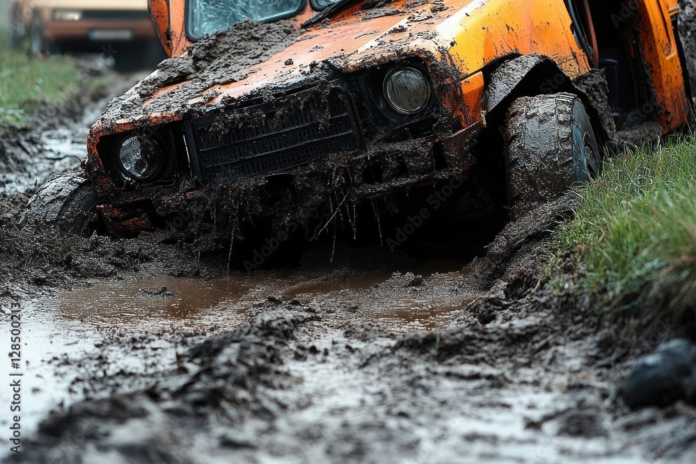 Fototapeta premium Damaged Bus Wreckage After Collision in Mud