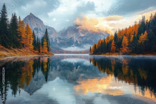 Autumn Reflections at Lago di Braies in the Dolomite Alps with Golden Larch Trees and Chapel by Turquoise Waters