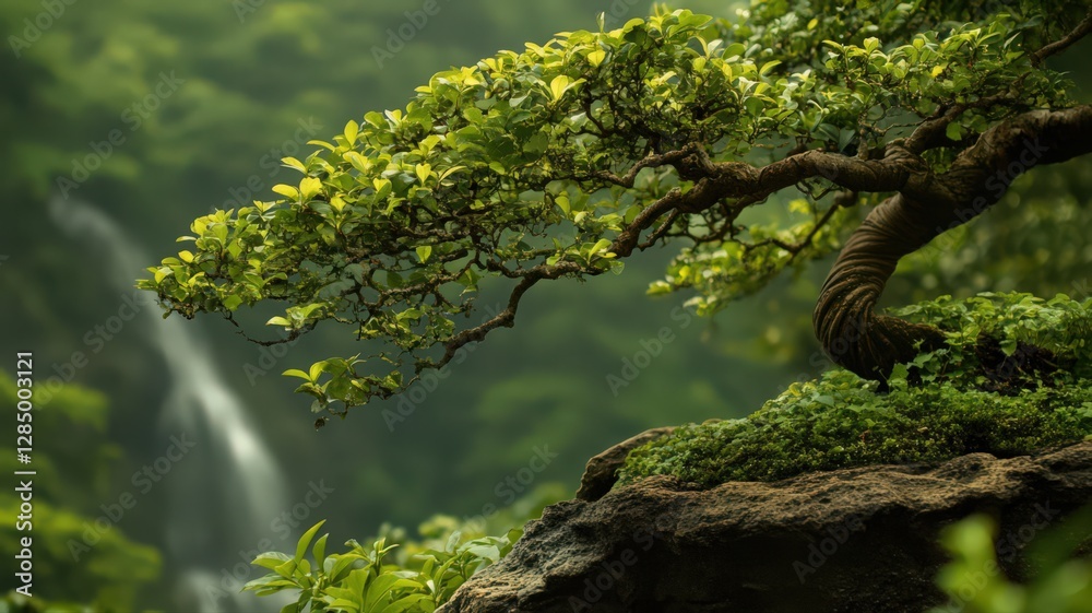 Fototapeta premium Serene Bonsai Tree and Waterfall Landscape