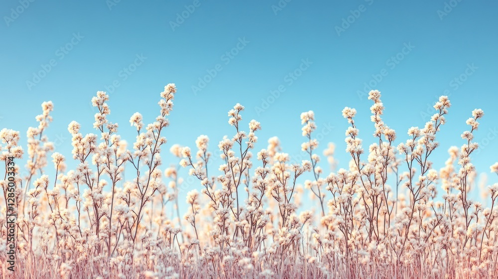 Frosty field flowers, sunrise, pastel sky, nature banner Frosty field flowers, sunrise, pastel sky, nature banner