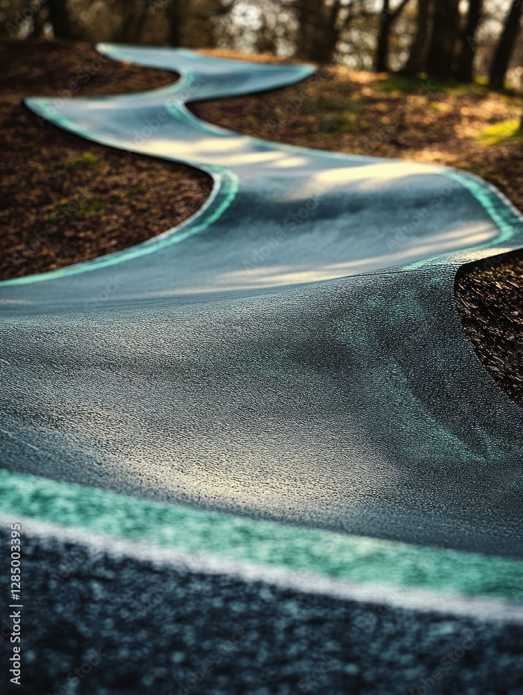 Fototapeta premium Close Up of BMX Pump Track Featuring Winding Asphalt Ramps and Green Markings in Summer