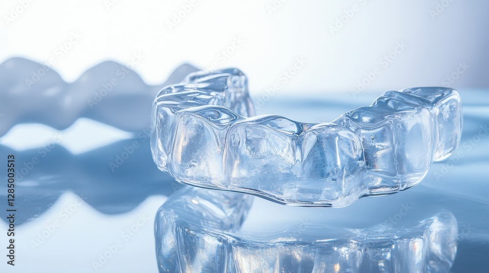 Clear Dental Aligners on Reflective Surface with Cool Lighting Clear Dental Aligners on Reflective Surface with Cool Lighting