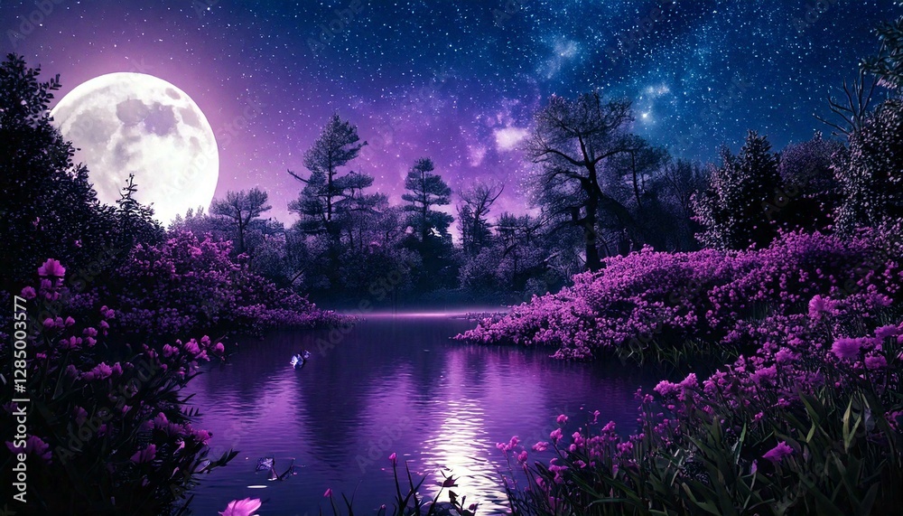 Naklejka premium Fantasy Purple Moonlit Landscape – Dreamy Night Sky Over a Tranquil Lake