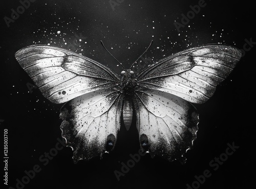 Surreal Black and White Butterfly Artwork Ink Splatter Style Chiaroscuro High Contrast Symmetrical Design