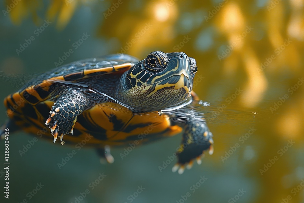 Fototapeta premium Close-up of a Turtle Swimming in Clear Water with Intricate Shell Details and Aquatic Plants