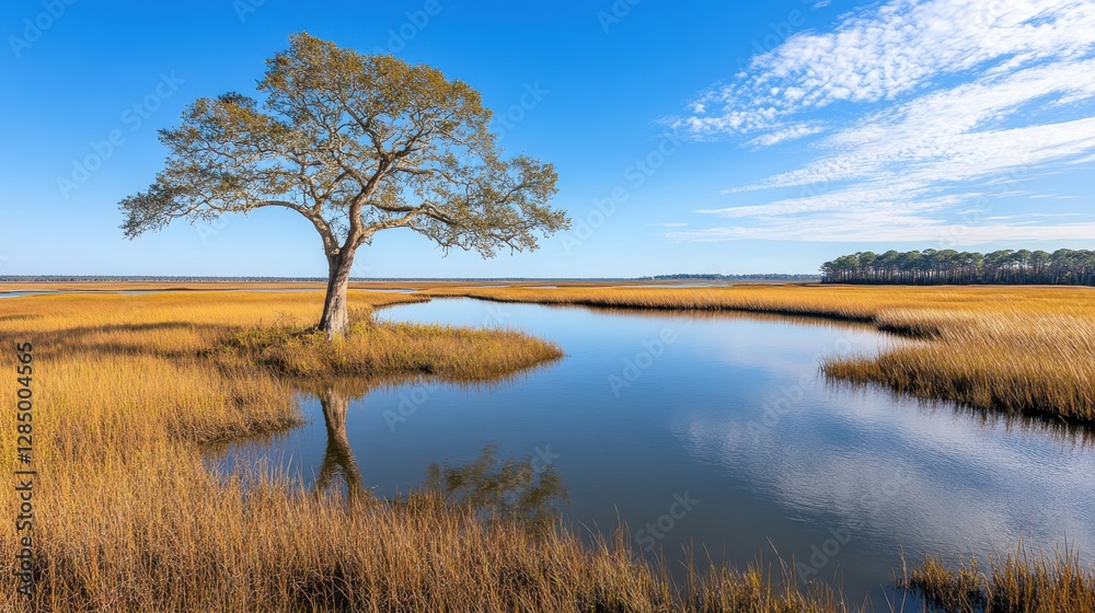 Serene Marsh Landscape with Lone Tree and Calm Waters Under Clear Blue Sky in Autumn Serene Marsh Landscape with Lone Tree and Calm Waters Under Clear Blue Sky in Autumn