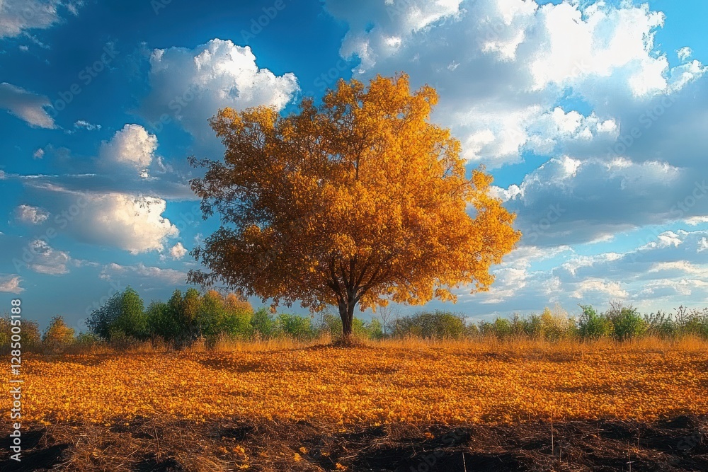 Resilient Autumn Landscape of a Lone Tree After Wildfire Amidst Scorched Field with Blue Sky and Clouds Resilient Autumn Landscape of a Lone Tree After Wildfire Amidst Scorched Field with Blue Sky and Clouds