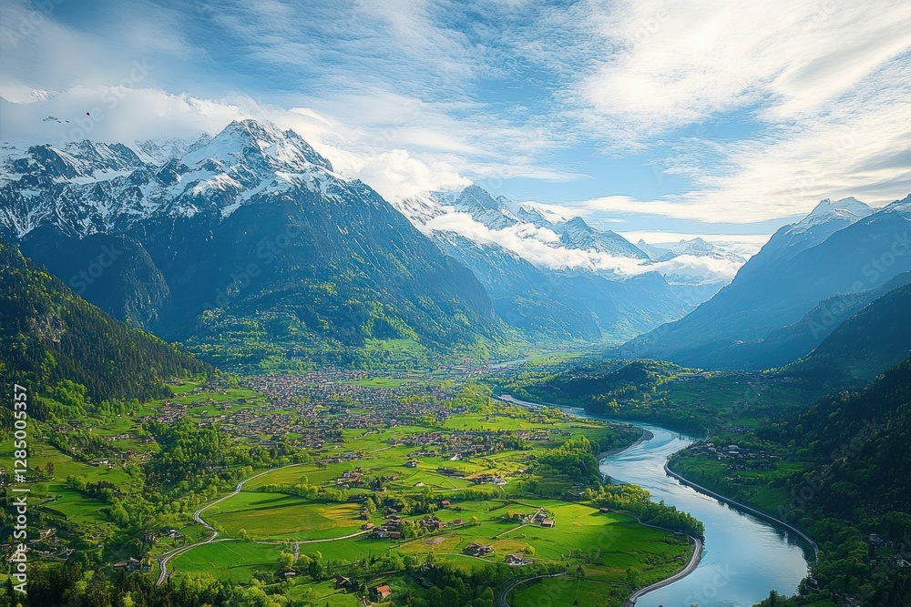 Aerial View of Interlaken Switzerland Snow Capped Alps Lakes Scenic Landscape with Paraglider Aerial View of Interlaken Switzerland Snow Capped Alps Lakes Scenic Landscape with Paraglider