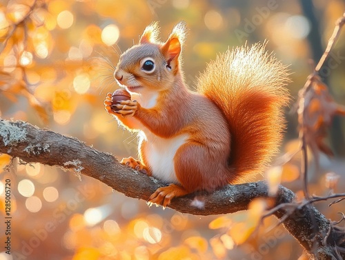Cute squirrel holding acorn perched on branch in warm autumn nature