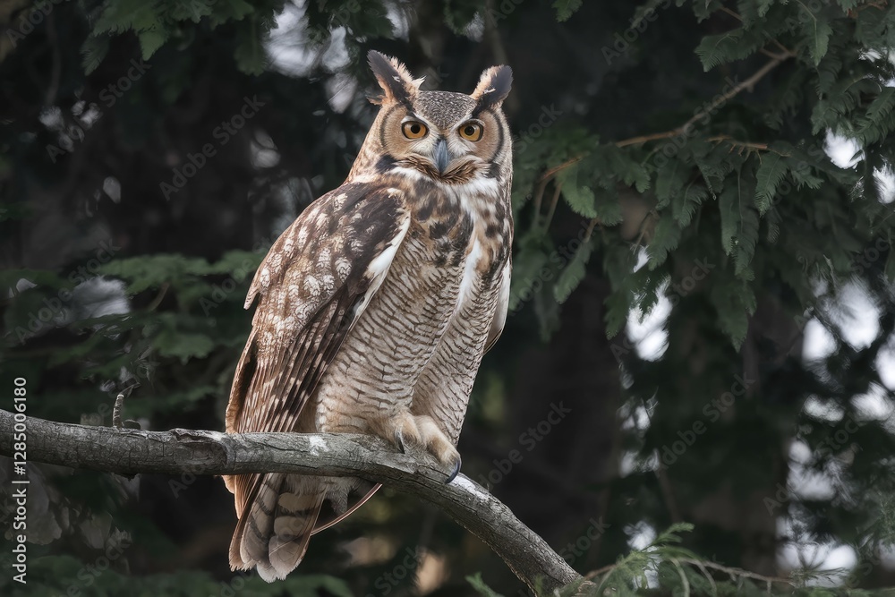 Obraz premium Portrait of Great Horned Owl Perched on Branch in Soft Light - Captivating Gaze, Brown and Tan Plumage, Detailed Feathers, Nature, Wildlife