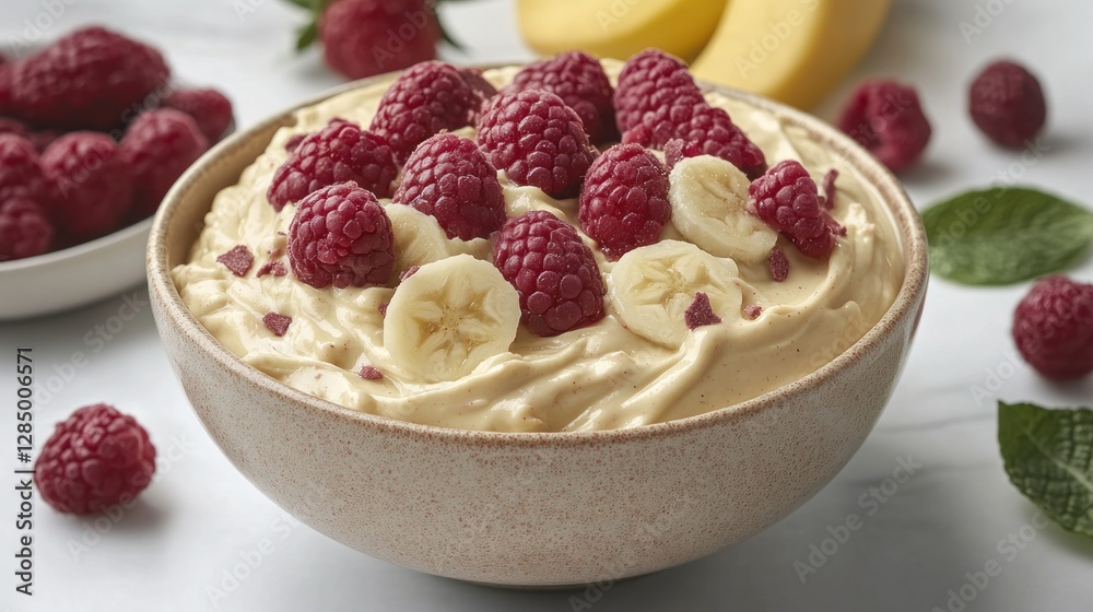 Creamy dessert bowl topped with raspberries and bananas on marble surface with fresh fruit Creamy dessert bowl topped with raspberries and bananas on marble surface with fresh fruit