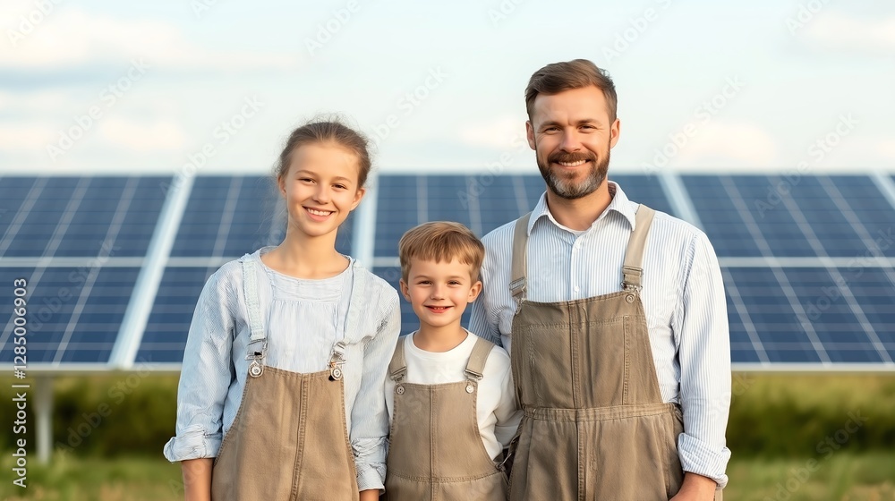A smiling family stands proudly in front of solar panels, showcasing a commitment to renewable energy and sustainable living