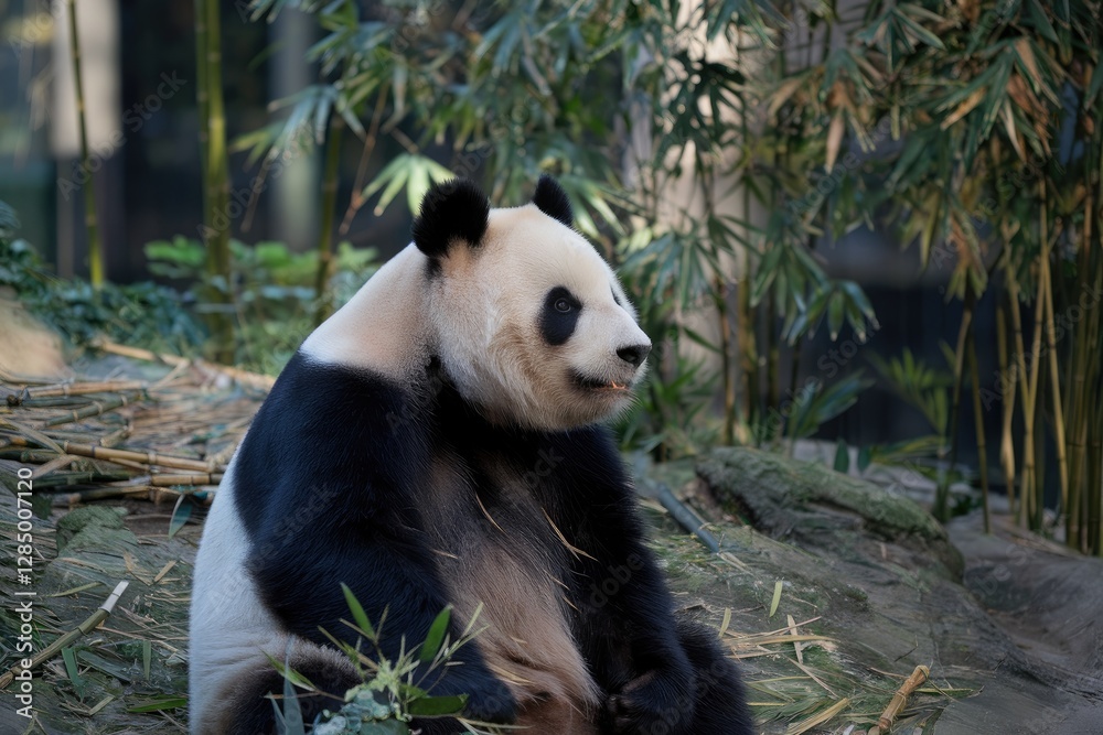 Fototapeta premium Sitting Against Bamboo in Natural Light, Black and White Fur, Reflective Eyes, Peaceful, Nature Backdrop