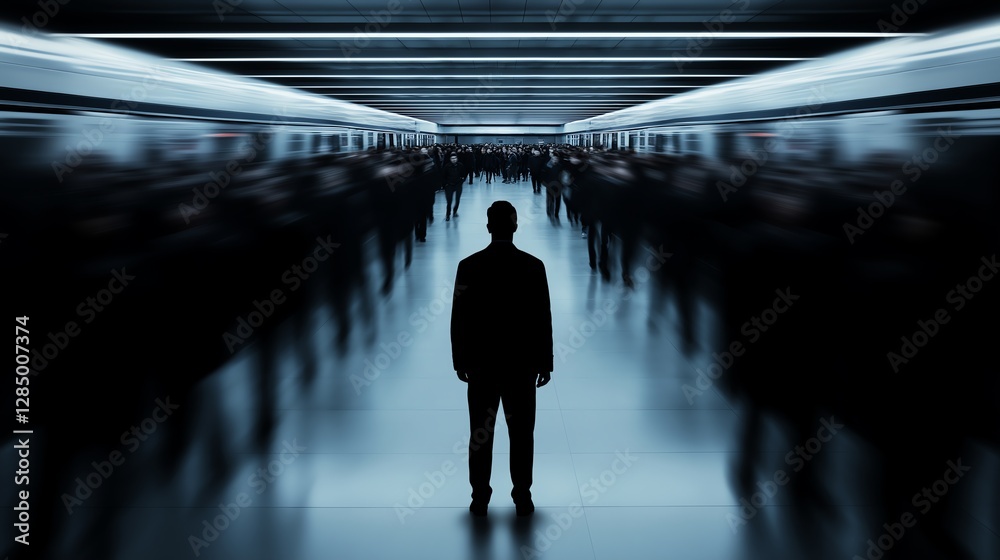 Obraz premium A solitary figure stands amidst a crowd in a dimly lit environment, symbolizing feelings of isolation and contemplation