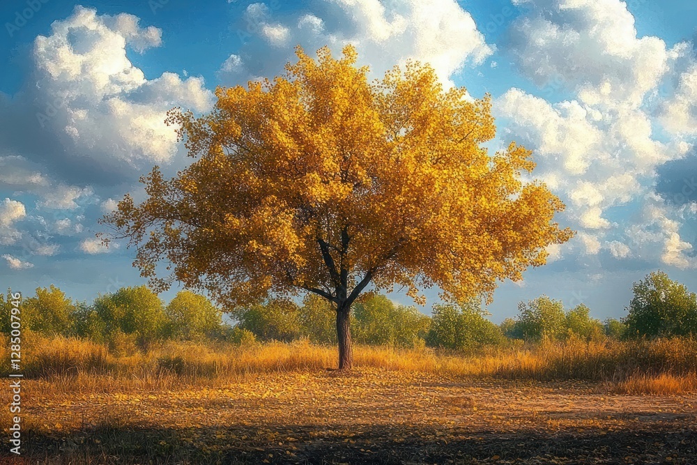 Fototapeta premium Resilient Autumn Landscape After Wildfire Showcasing Vibrant Tree Amidst Burnt Field Under Blue Sky