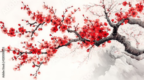 A delicate watercolor depiction of cherry blossom branches in vibrant red hues.
