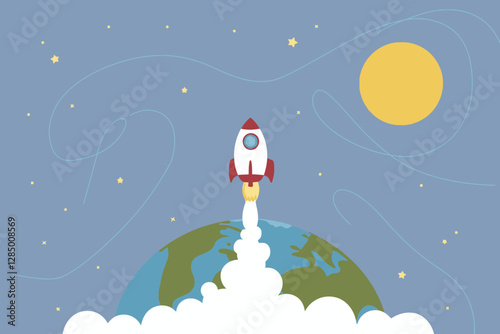 2d vector illustration technology , ai robot helping children at study pc and tablet , children background land escape 
