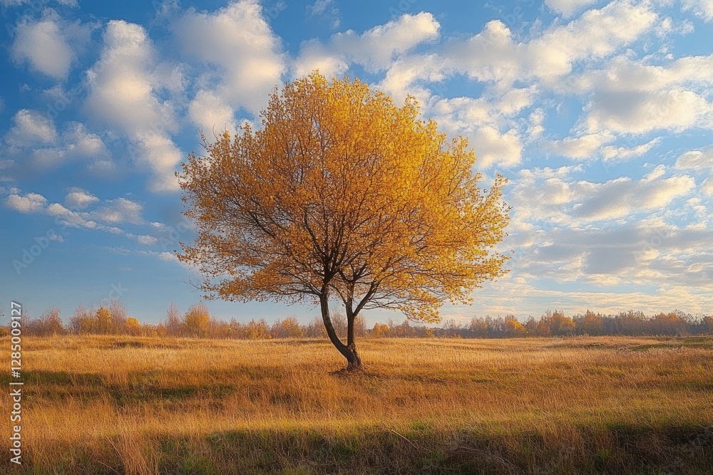 Solitary Tree with Golden Leaves in Serene Autumn Meadow Under Blue Sky with Clouds Solitary Tree with Golden Leaves in Serene Autumn Meadow Under Blue Sky with Clouds