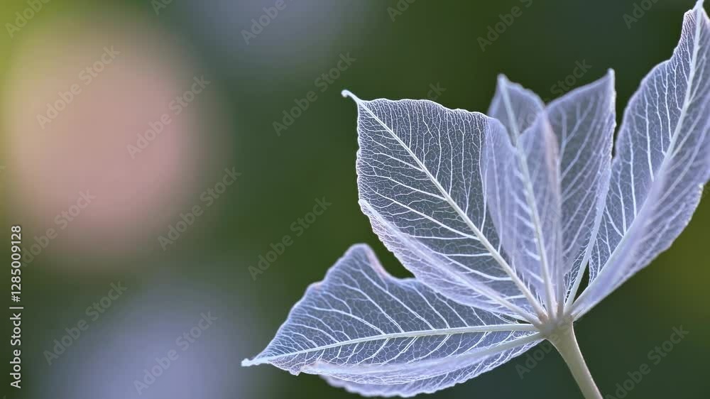 Close-up video of translucent leaves against a blurred green background, captured from a low angle, emphasizing delicate textures and natural beauty.