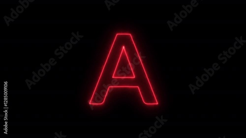 Animated neon letter A, trendy glowing loop neon alphabet letter A, Bright neon glowing light red letter A, Seamless looping animation on black background.