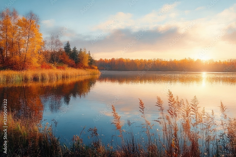 Obraz premium Tranquil Autumn Landscape Calm Lake Vibrant Foliage Golden Hour Reflection