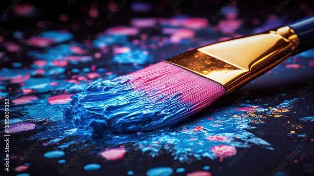 Fototapeta premium Creative Paintbrush with Vibrant Colors and Sparkling Texture on Dark Surface