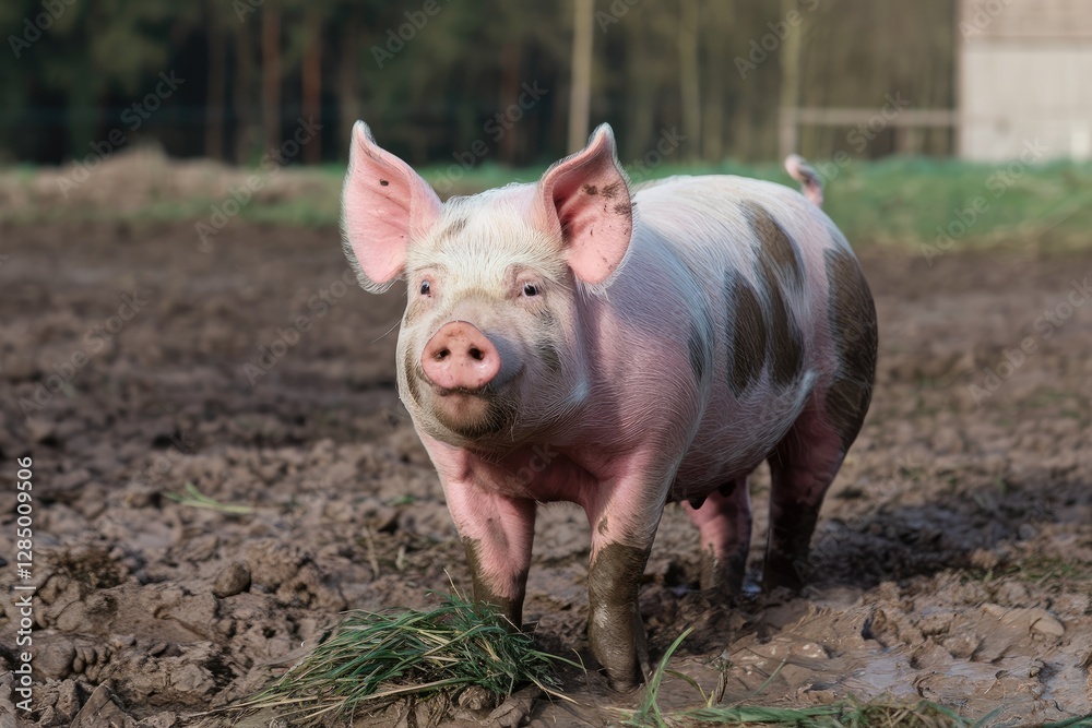 Pink Pig Standing in Mud, Outdoor Rural Scene, Close-Up, Natural Light, Cute Farm Animal, Focus on Subject, Green and Brown Background, Horizontal Composition Pink Pig Standing in Mud, Outdoor Rural Scene, Close-Up, Natural Light, Cute Farm Animal, Focus on Subject, Green and Brown Background, Horizontal Composition