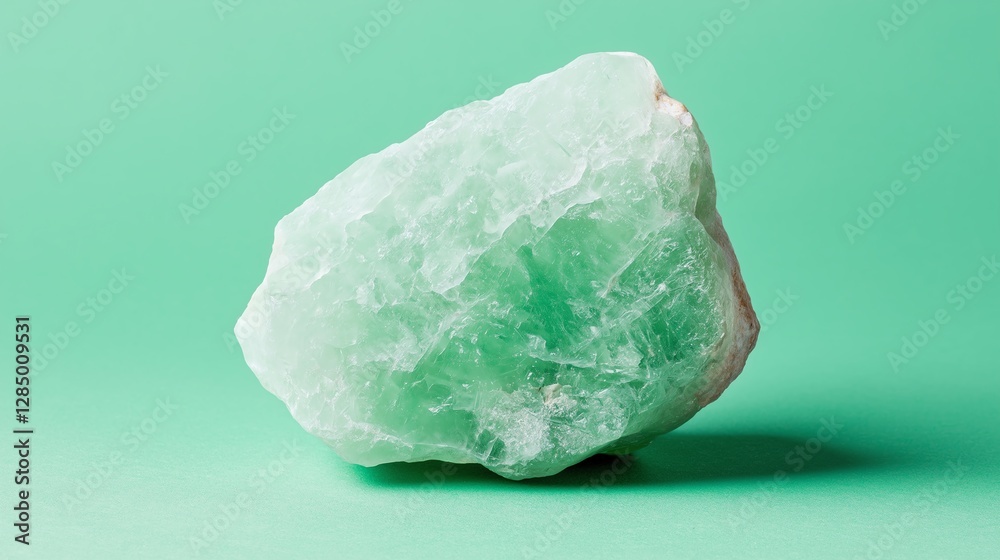 Fototapeta premium A stunning close-up of a raw green crystal on a vibrant mint background, showcasing its unique texture and color. Perfect for illustrating geology or natural beauty.