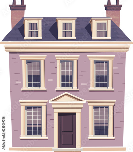Historic style purple house with a symmetrical facade and classic windows cartoon isolated on transparent background. Vector illustration.