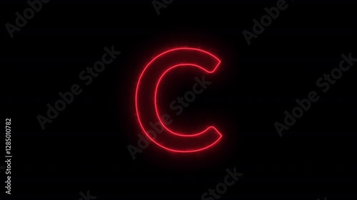 Animated neon letter C, trendy glowing loop neon alphabet letter C, Bright neon glowing light red letter C, Seamless looping animation on black background.