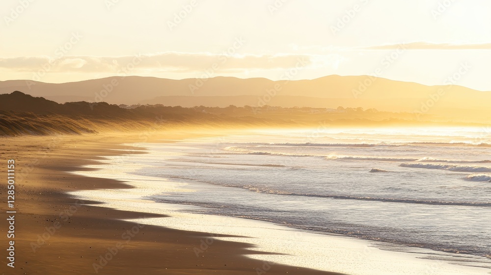 Serene Ocean Shoreline at Sunset with Gentle Waves and Golden Light Serene Ocean Shoreline at Sunset with Gentle Waves and Golden Light