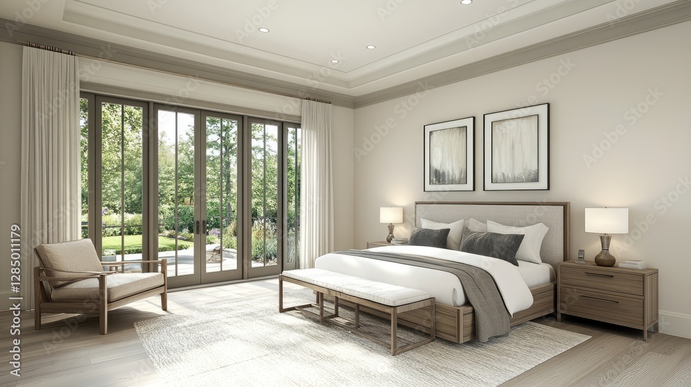 Fototapeta premium Bedroom with double-door access to a connected sunroom, allowing effortless movement and relaxation.