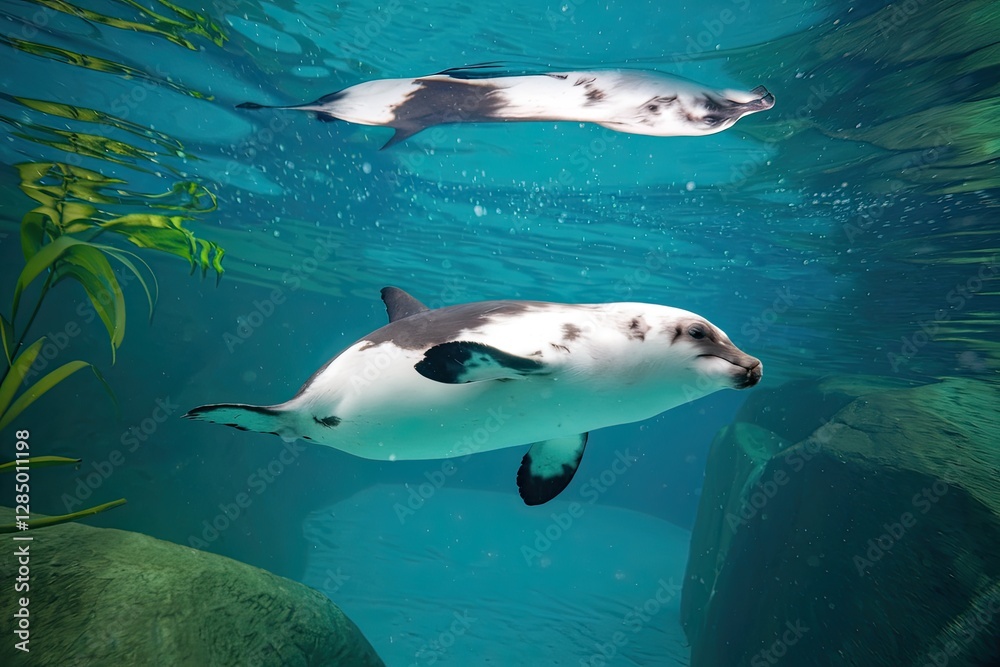 Obraz premium Dall's Porpoise Pair Swimming, Underwater Shot with Sunlight and Rocks, Aquatic Mammals in Natural Habitat, Teal Water, Black and White Markings