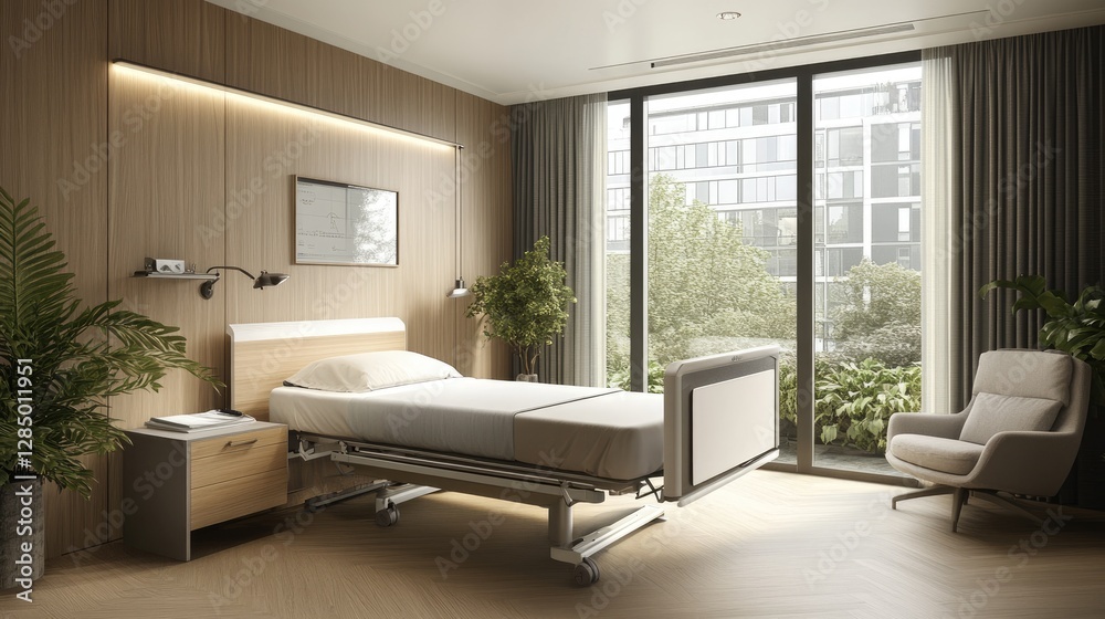 Fototapeta premium Comfortable and inviting bedroom with a thoughtfully designed bed, ensuring elderly mobility.