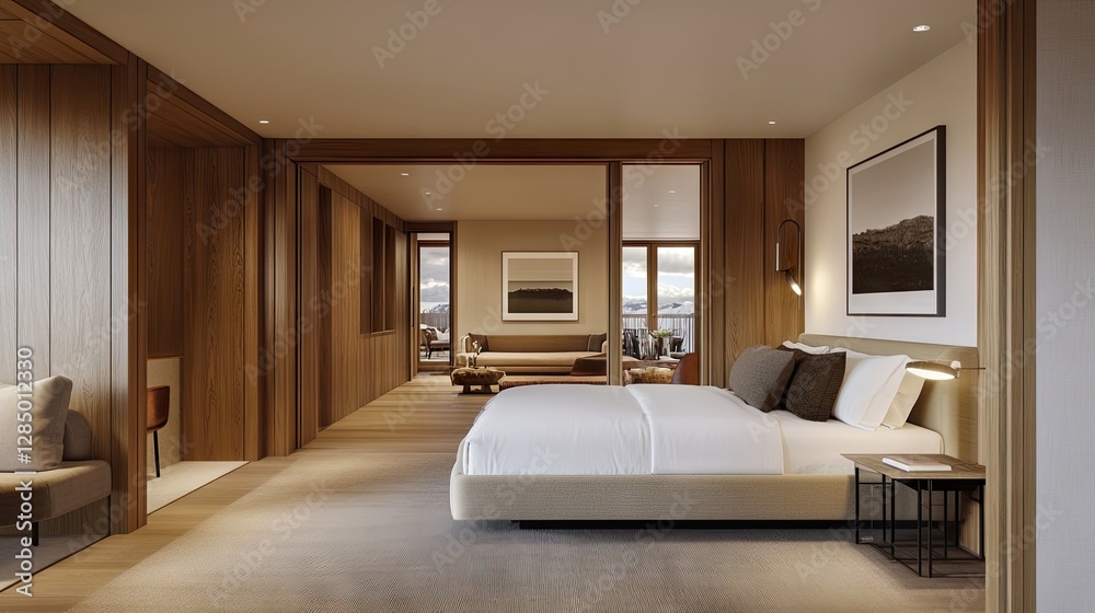 Cozy and accessible bedroom with direct access to a modern lounge space, featuring stylish wood elements. Cozy and accessible bedroom with direct access to a modern lounge space, featuring stylish wood elements.