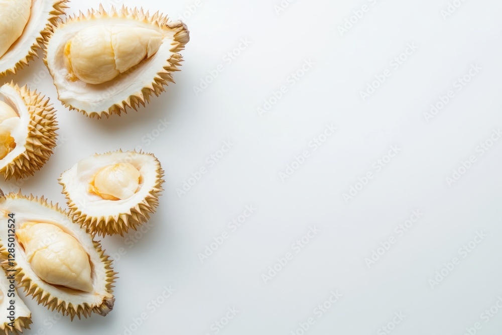 Deliciously arranged durian pieces on white background culinary art display gourmet food photography minimalist environment close-up view tropical delight and flavor exploration Deliciously arranged durian pieces on white background culinary art display gourmet food photography minimalist environment close-up view tropical delight and flavor exploration